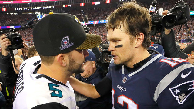 FOXBOROUGH, MA - JANUARY 21: Tom Brady #12 of the New England Patriots shakes hands with Blake Bortles #5 of the Jacksonville Jaguars after the AFC Championship Game at Gillette Stadium on January 21, 2018 in Foxborough, Massachusetts.