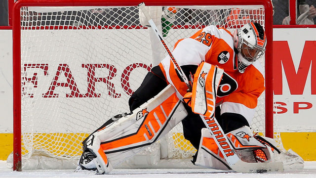 PHILADELPHIA, PA - NOVEMBER 20: Ray Emery #29 of the Philadelphia Flyers stops a shot in the second period against the Minnesota Wild on November 20, 2014 at the Wells Fargo Center in Philadelphia, Pennsylvania.