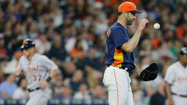 HOUSTON, TX - JULY 15: Justin Verlander #35 of the Houston Astros reacts after giving up a two-run home run to a John Hicks #55 of the Detroit Tigers in the second inning at Minute Maid Park on July 15, 2018 in Houston, Texas.