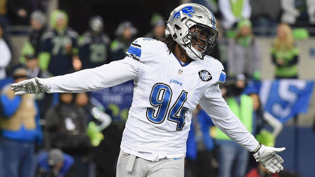 SEATTLE, WA - JANUARY 07: Ezekiel Ansah #94 of the Detroit Lions reacts during the first half against the Seattle Seahawks in the NFC Wild Card game at CenturyLink Field on January 7, 2017 in Seattle, Washington.