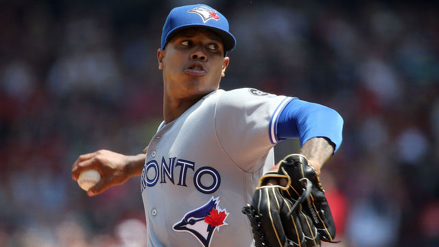 BOSTON, MA - JULY 15: Marcus Stroman #6 of the Toronto Blue Jays throws against the Boston Red Sox in the first inning at Fenway Park on July 15, 2018 in Boston, Massachusetts.