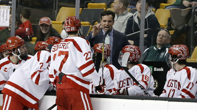 BOSTON, MA - MARCH 17: Boston University Terriers head coach David Quinn lectures his players during a time out during a Hockey East semifinal between the Boston University Terriers and the Boston College Eagles on March 17, 2017 at TD Garden in Boston, Massachusetts. The Eagles defeated the Terriers 3-2.