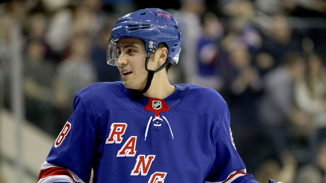 NEW YORK, NY - FEBRUARY 09: John Gilmour #58 of the New York Rangers reacts in the second period against the Calgary Flames during their game at Madison Square Garden on February 9, 2018 in New York City.