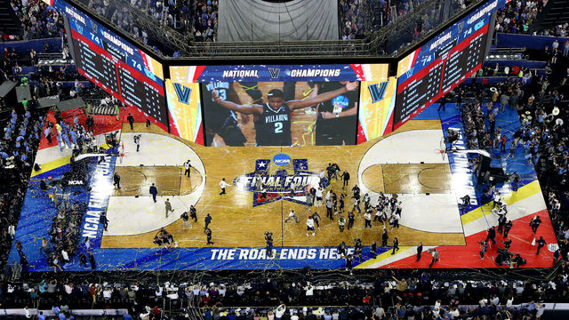 HOUSTON, TEXAS - APRIL 04: A general view as the Villanova Wildcats celebrate defeating the North Carolina Tar Heels 77-74 to win the 2016 NCAA Men's Final Four National Championship game at NRG Stadium on April 4, 2016 in Houston, Texas.