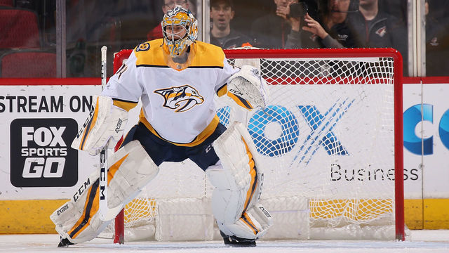 GLENDALE, AZ - JANUARY 04: Goaltender Juuse Saros #74 of the Nashville Predators in action during the NHL game against the Arizona Coyotes at Gila River Arena on January 4, 2018 in Glendale, Arizona. The Coyotes defeated the Predators 3-2 in overtime.