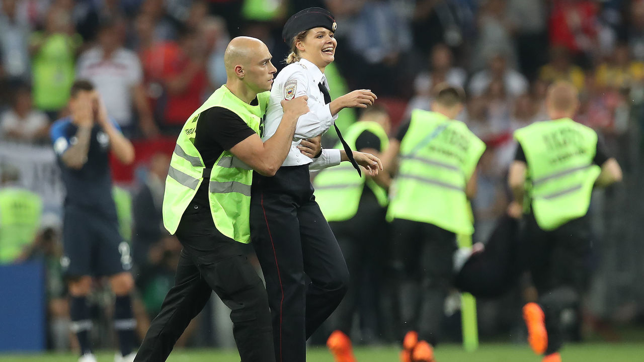 MOSCOW, RUSSIA - JULY 15: Anti-Kremlin Russian protest group Pussy Riot has taken responsibility for the invasion, Olga Kurachyova, a member of the punk band, said she was one of the people who ran onto the pitch during the 2018 FIFA World Cup Russia Final between France and Croatia at Luzhniki Stadium on July 15, 2018 in Moscow, Russia.