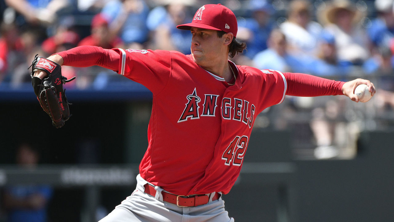KANSAS CITY, MO - JUNE 25: Tyler Skaggs #45 of the Los Angeles Angels of Anaheim throws in the first inning against the Kansas City Royals at Kauffman Stadium on June 25, 2018 in Kansas City, Missouri. Players are wearing #42 in honor of Jackie Robinson Day.