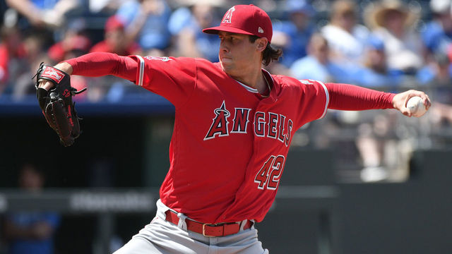 KANSAS CITY, MO - JUNE 25: Tyler Skaggs #45 of the Los Angeles Angels of Anaheim throws in the first inning against the Kansas City Royals at Kauffman Stadium on June 25, 2018 in Kansas City, Missouri. Players are wearing #42 in honor of Jackie Robinson Day.