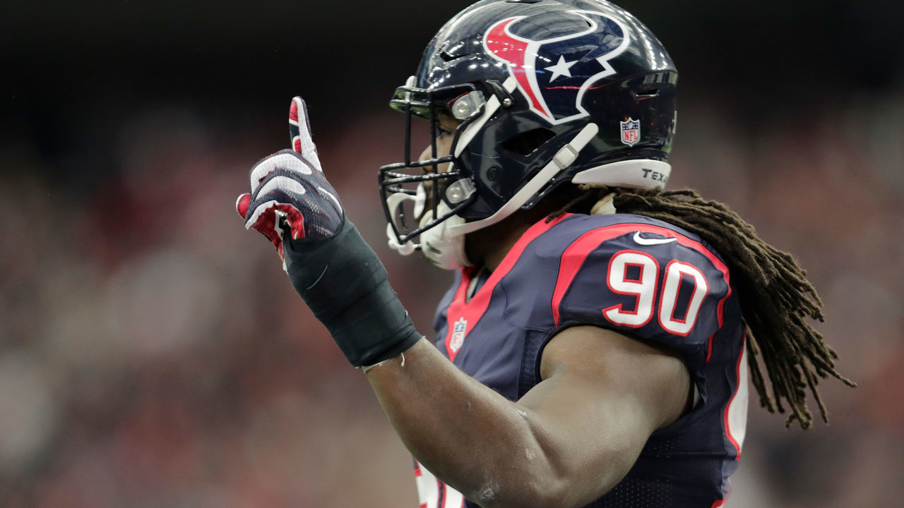 HOUSTON, TX - JANUARY 07: Jadeveon Clowney #90 of the Houston Texans celebrates after knocking down a pass from Connor Cook #8 of the Oakland Raiders during the first quarter of their AFC Wild Card game at NRG Stadium on January 7, 2017 in Houston, Texas.