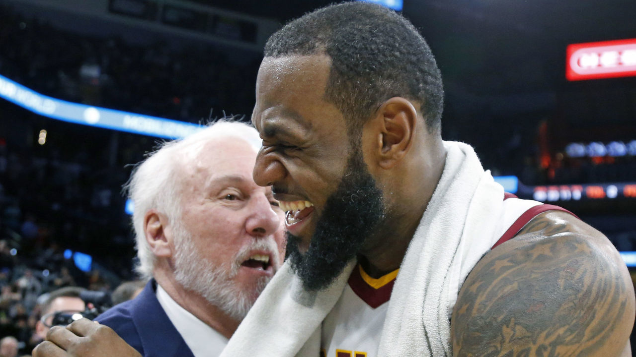 SAN ANTONIO,TX - JANUARY 23 : LeBron James #23 of the Cleveland Cavaliers is congratulated by Gregg Popovich head coach of the San Antonio Spurs at the end of the game at AT&T Center on January 23, 2018 in San Antonio, Texas. NOTE TO USER: User expressly acknowledges and agrees that , by downloading and or using this photograph, User is consenting to the terms and conditions of the Getty Images License Agreement.