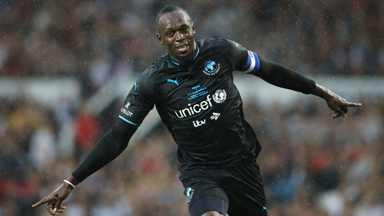 MANCHESTER, ENGLAND - JUNE 10: Usain Bolt of the Rest of the World celebrates, but his goal is disallowed during the Soccer Aid for UNICEF 2018 match between England and the Rest of the World at Old Trafford on June 10, 2018 in Manchester, England.