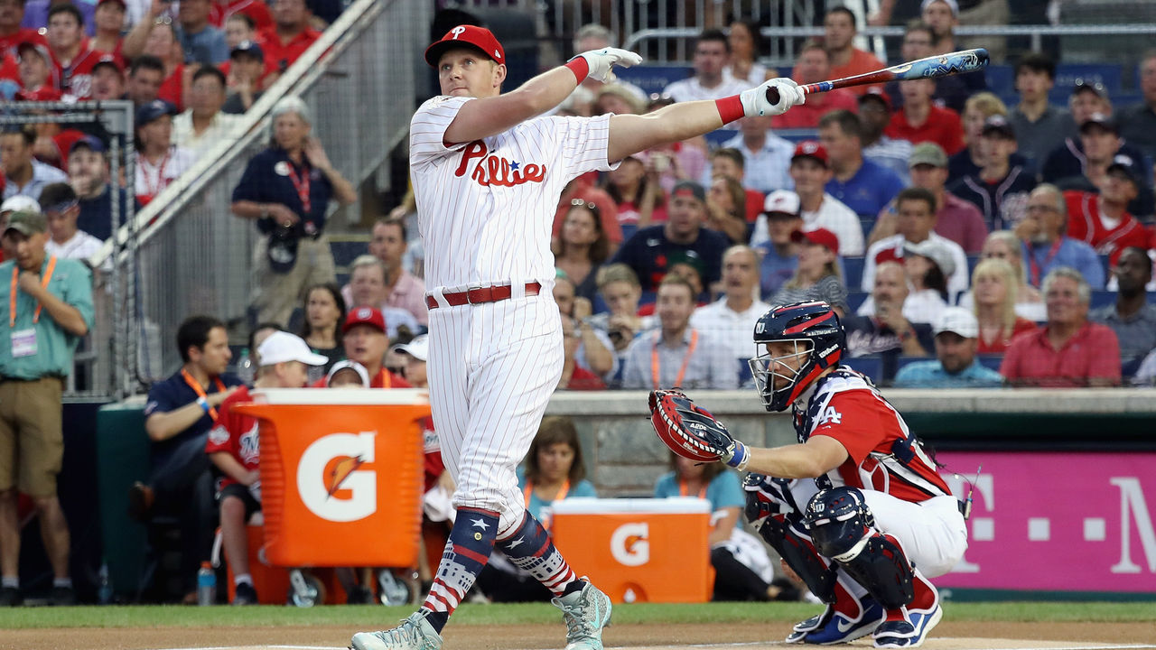 WASHINGTON, DC - JULY 16: Rhys Hoskins of the Philadelphia Phillies and the National League competes in the first round during the T-Mobile Home Run Derby at Nationals Park on July 16, 2018 in Washington, DC.