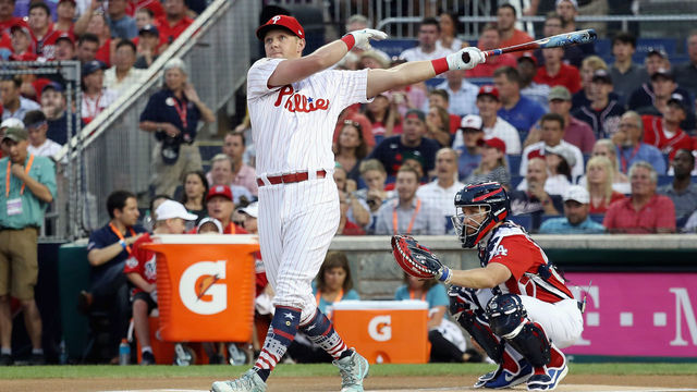 WASHINGTON, DC - JULY 16: Rhys Hoskins of the Philadelphia Phillies and the National League competes in the first round during the T-Mobile Home Run Derby at Nationals Park on July 16, 2018 in Washington, DC.