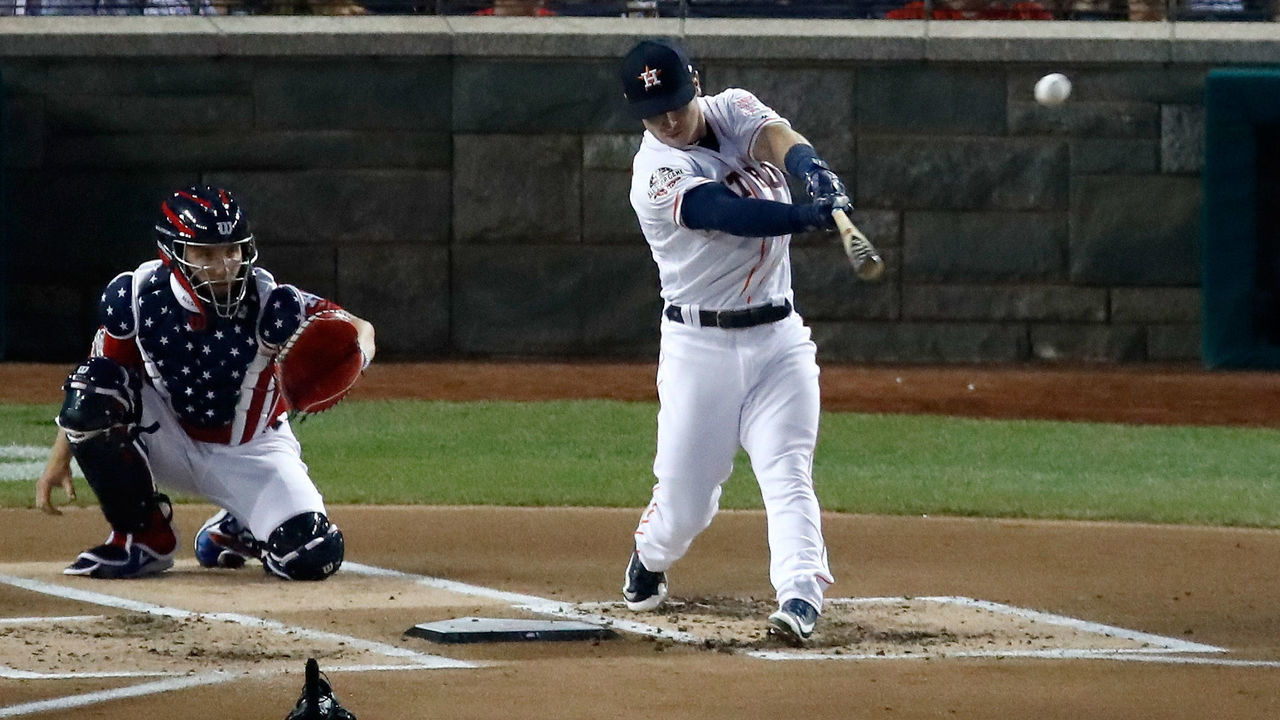 WASHINGTON, DC - JULY 16: Alex Bregman of the Houston Astros and American League competes in the first round during the T-Mobile Home Run Derby at Nationals Park on July 16, 2018 in Washington, DC.