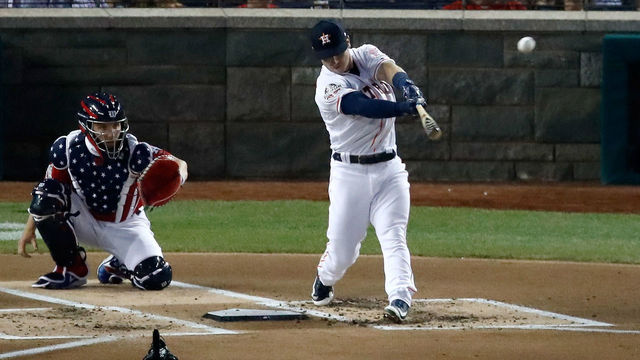 WASHINGTON, DC - JULY 16: Alex Bregman of the Houston Astros and American League competes in the first round during the T-Mobile Home Run Derby at Nationals Park on July 16, 2018 in Washington, DC.