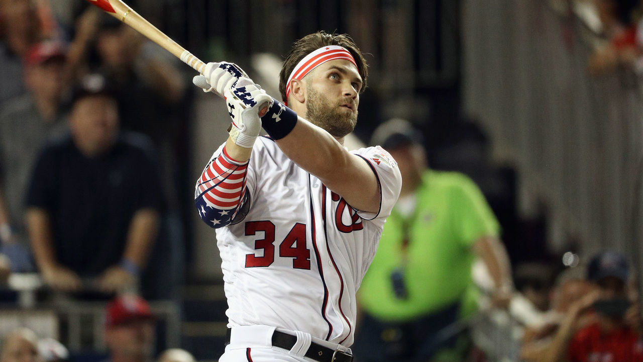 WASHINGTON, DC - JULY 16: Bryce Harper of the Washington Nationals and National League competes in the first round during the T-Mobile Home Run Derby at Nationals Park on July 16, 2018 in Washington, DC.