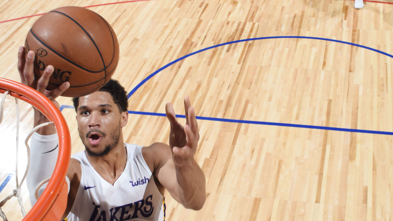 LAS VEAGS, NV - JULY 16: Josh Hart #5 of the Los Angeles Lakers goes to the basket against the Cleveland Cavaliers during the 2018 Las Vegas Summer League on July 16, 2018 at the Thomas & Mack Center in Las Vegas, Nevada. NOTE TO USER: User expressly acknowledges and agrees that, by downloading and/or using this Photograph, user is consenting to the terms and conditions of the Getty Images License Agreement. Mandatory Copyright Notice: Copyright 2018 NBAE
