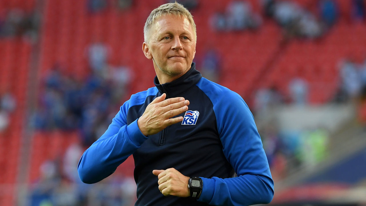 MOSCOW, RUSSIA - JUNE 16: Heimir Hallgrimsson, Manager of Iceland acknowledges the fans following the 2018 FIFA World Cup Russia group D match between Argentina and Iceland at Spartak Stadium on June 16, 2018 in Moscow, Russia.