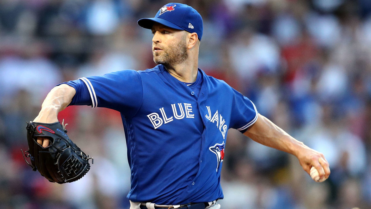 BOSTON, MA - JULY 12: J.A. Happ #33 of the Toronto Blue Jays pitches against the Boston Red Sox during the second inning at Fenway Park on July 12, 2018 in Boston, Massachusetts.