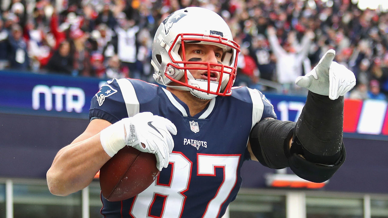 FOXBORO, MA - DECEMBER 24: Rob Gronkowski #87 of the New England Patriots reacts after catching a touchdown pass during the second quarter of a game against the Buffalo Bills at Gillette Stadium on December 24, 2017 in Foxboro, Massachusetts.