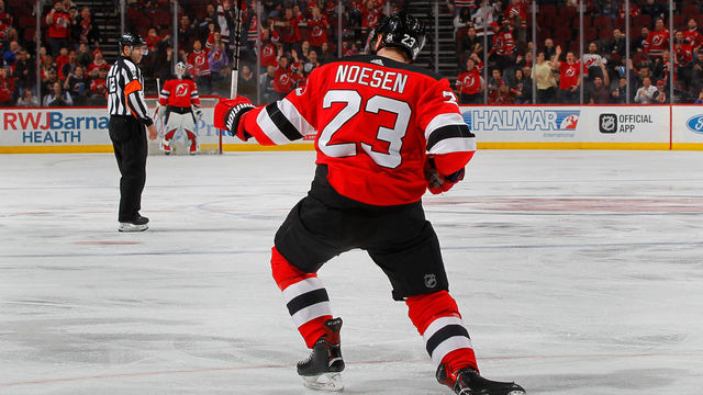 NEWARK, NJ - FEBRUARY 22: Stefan Noesen #23 of the New Jersey Devils celebrates his goal against the Minnesota Wild on February 22, 2018 at Prudential Center in Newark, New Jersey.