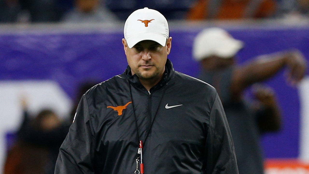 HOUSTON, TX - DECEMBER 27: Head coach Tom Herman of the Texas Longhorns takes the field during warm ups before playing the Missouri Tigers in the Academy Sports & Outdoors Bowl at NRG Stadium on December 27, 2017 in Houston, Texas.