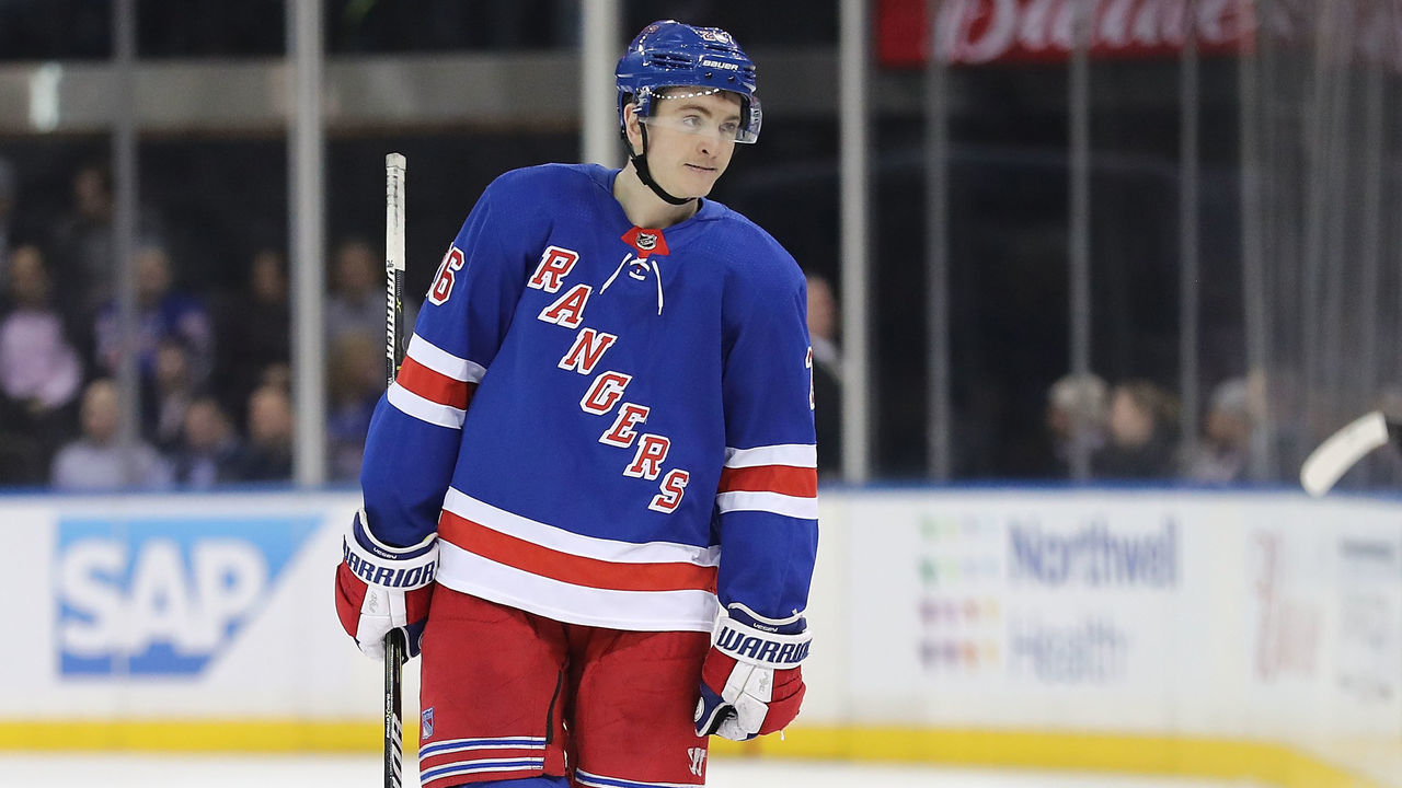 NEW YORK, NY - MARCH 20: (EDITORS NOTE: Alternative crop) Jimmy Vesey #26 of the New York Rangers reacts after a goal by Artemi Panarin #9 of the Columbus Blue Jackets in the second period during their game at Madison Square Garden on March 20, 2018 in New York City.