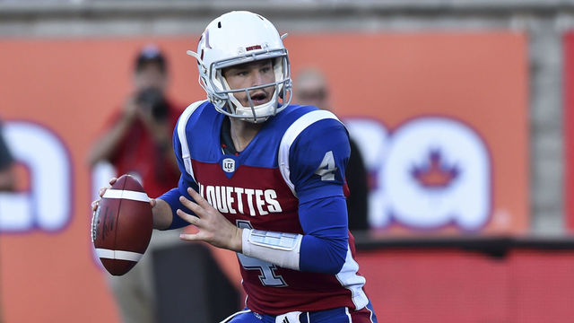 MONTREAL, QC - JULY 06: Quarterback Jeff Mathews #4 of the Montreal Alouettes looks to play the ball against the Ottawa Redblacks during the CFL game at Percival Molson Stadium on July 6, 2018 in Montreal, Quebec, Canada. The Ottawa Redblacks defeated the Montreal Alouettes 28-18.