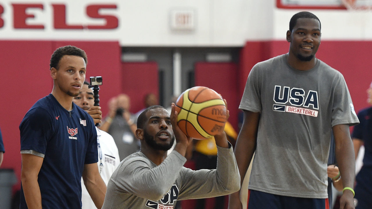 LAS VEGAS, NV - AUGUST 12: (L-R) Stephen Curry #49, Chris Paul #23 and Kevin Durant #29 of the 2015 USA Basketball Men's National Team attend a practice session at the Mendenhall Center on August 12, 2015 in Las Vegas, Nevada.