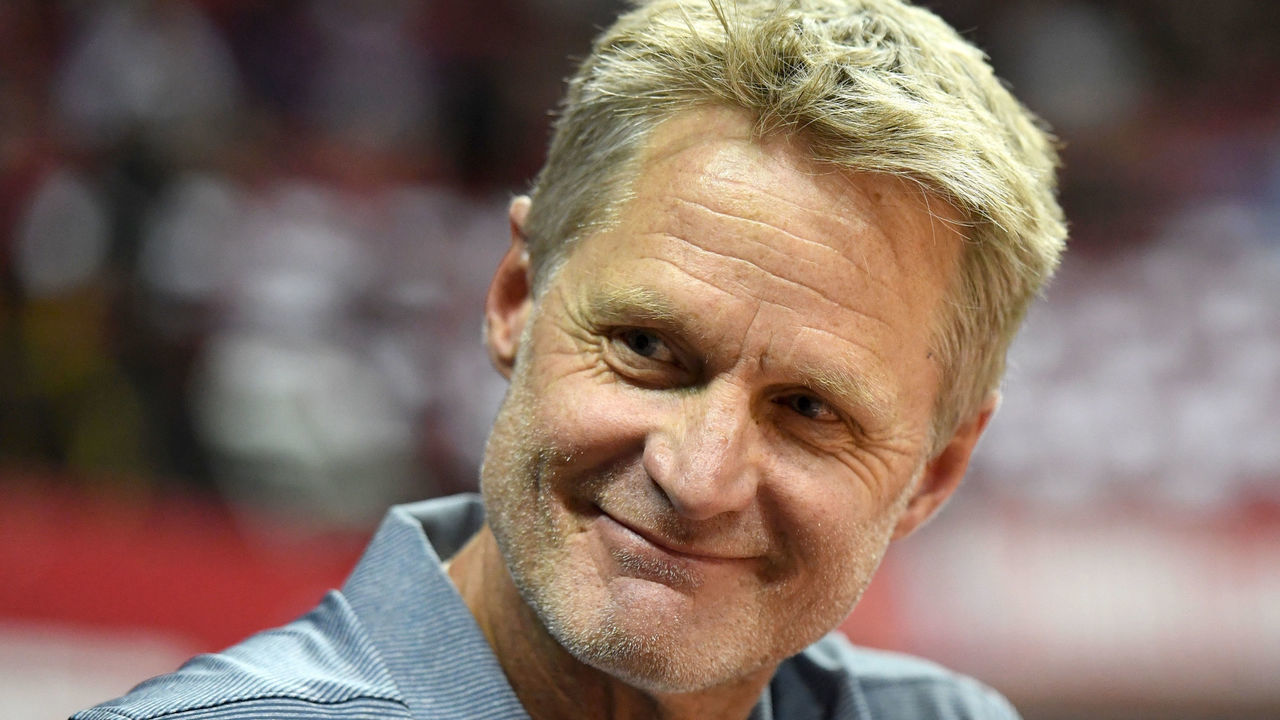 LAS VEGAS, NV - JULY 09: Head coach Steve Kerr of the Golden State Warriors smiles before the team's 2018 NBA Summer League game against the Dallas Mavericks at the Thomas & Mack Center on July 9, 2018 in Las Vegas, Nevada.