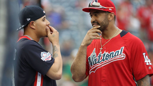 WASHINGTON, DC - JULY 17: Manny Machado #13 of the Baltimore Orioles and the American League and Matt Kemp #27 of the Los Angeles Dodgers and the National League speak before the 89th MLB All-Star Game, presented by Mastercard at Nationals Park on July 17, 2018 in Washington, DC.