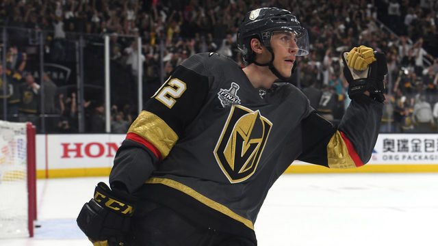 LAS VEGAS, NV - MAY 28: Tomas Nosek #92 of the Vegas Golden Knights celebrates his third-period, empty-net goal against the Washington Capitalagainst the Washington Capitalsin Game One of the 2018 NHL Stanley Cup Final at T-Mobile Arena on May 28, 2018 in Las Vegas, Nevada.