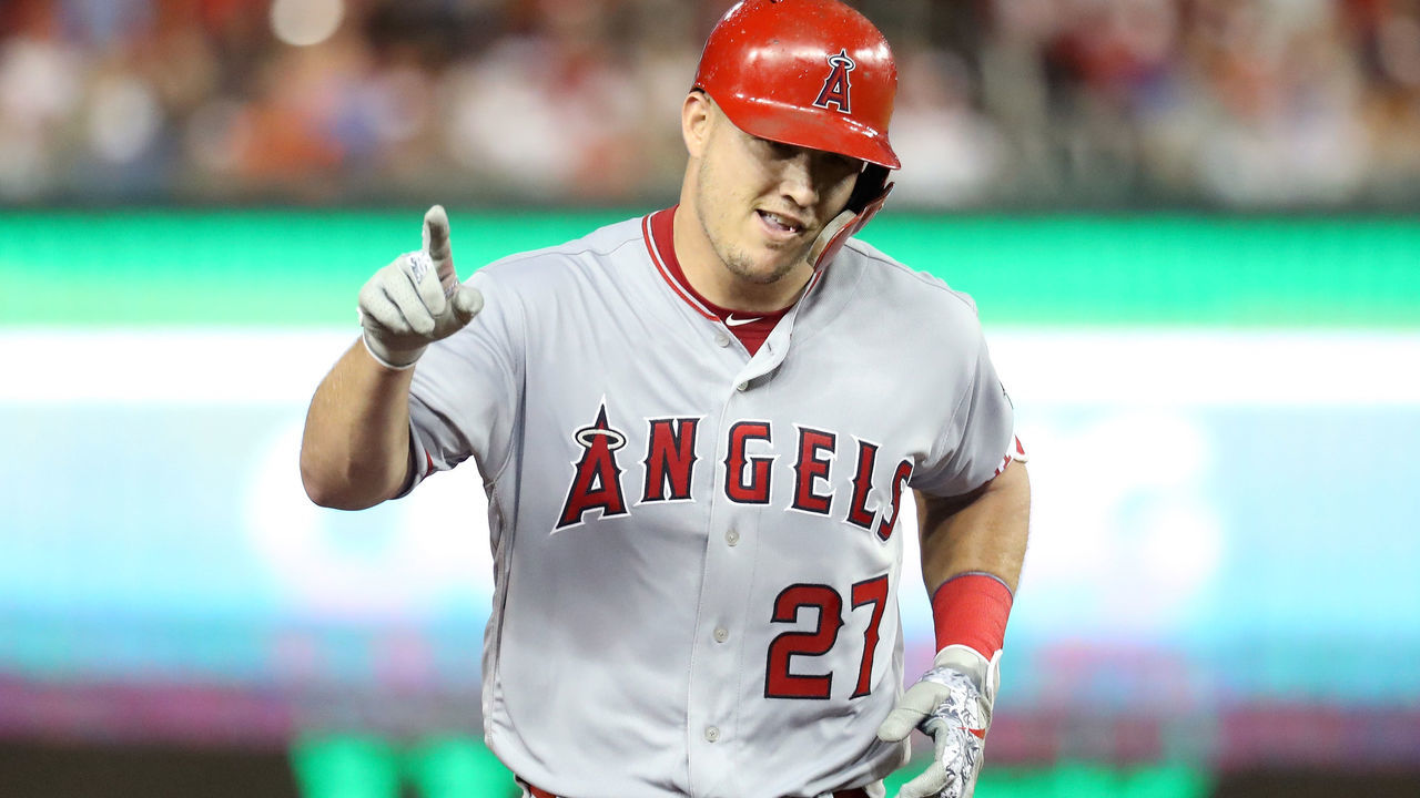 WASHINGTON, DC - JULY 17: Mike Trout #27 of the Los Angeles Angels of Anaheim and the American League celebrates after hitting a solo home run in the third inning against the National League during the 89th MLB All-Star Game, presented by Mastercard at Nationals Park on July 17, 2018 in Washington, DC.