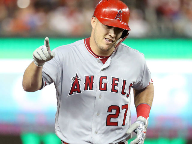 WASHINGTON, DC - JULY 17: Mike Trout #27 of the Los Angeles Angels of Anaheim and the American League celebrates after hitting a solo home run in the third inning against the National League during the 89th MLB All-Star Game, presented by Mastercard at Nationals Park on July 17, 2018 in Washington, DC.