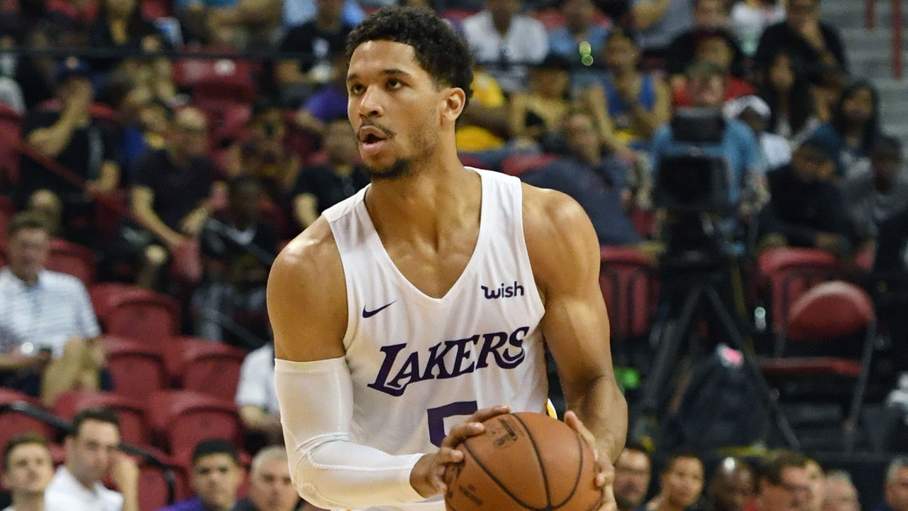 LAS VEGAS, NV - JULY 15: Josh Hart #5 of the Los Angeles Lakers handles the ball against the Detroit Pistons during a quarterfinal game of the 2018 NBA Summer League at the Thomas & Mack Center on July 15, 2018 in Las Vegas, Nevada. The Lakers defeated the Pistons 101-78.