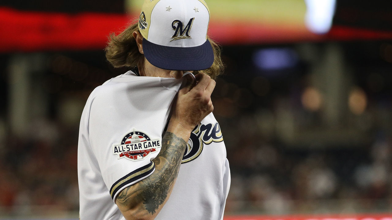 WASHINGTON, DC - JULY 17: Josh Hader #71 of the Milwaukee Brewers and the National League reacts as he is pulled from the game in the eighth inning against the American League during the 89th MLB All-Star Game, presented by Mastercard at Nationals Park on July 17, 2018 in Washington, DC.