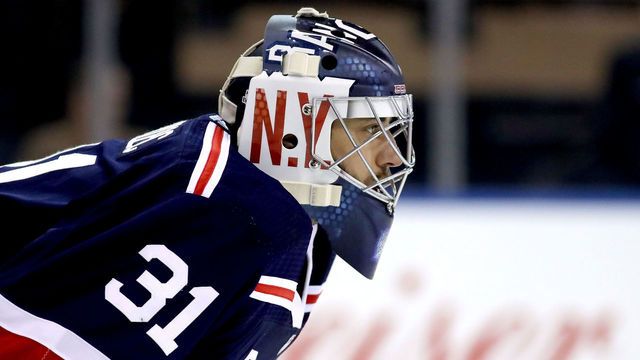NEW YORK, NY - FEBRUARY 07: Ondrej Pavelec #31 of the New York Rangers looks on in the third period against the Boston Bruins after taking over for Henrik Lundqvist #30 of the New York Rangers in the second period during their game at Madison Square Garden on February 7, 2018 in New York City.