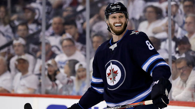 WINNIPEG, MB - MAY 12: Jacob Trouba #8 of the Winnipeg Jets reacts after he is called for cross checking against the Vegas Golden Knights in Game One of the Western Conference Finals during the 2018 NHL Stanley Cup Playoffs at Bell MTS Place on May 12, 2018 in Winnipeg, Canada.