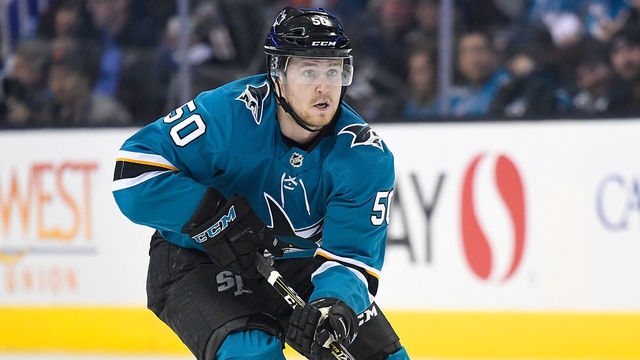 SAN JOSE, CA - APRIL 16: Chris Tierney #50 of the San Jose Sharks skates up ice with control of the puck against the Anaheim Ducks during the second period in Game Three of the Western Conference First Round during the 2018 NHL Stanley Cup Playoffs at SAP Center on April 16, 2018 in San Jose, California.