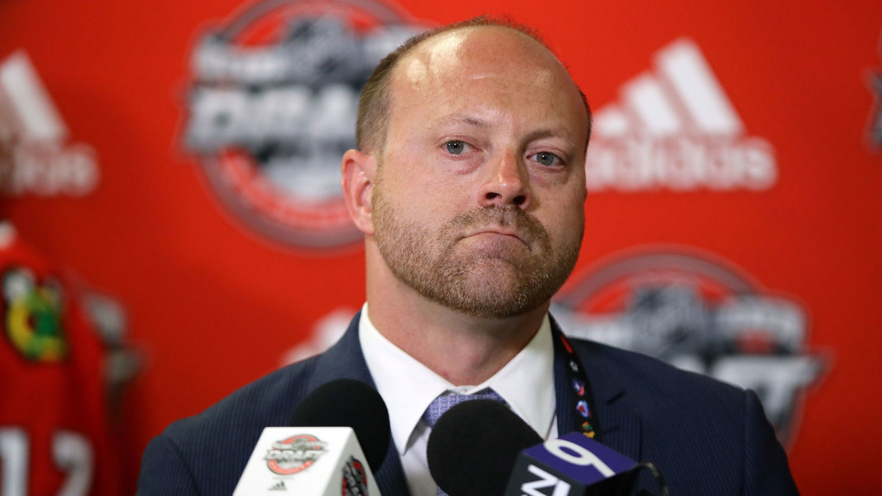 CHICAGO, IL - JUNE 23: Chicago Blackhawks general manager Stan Bowman is interviewed during the 2017 NHL Draft at the United Center on June 23, 2017 in Chicago, Illinois.