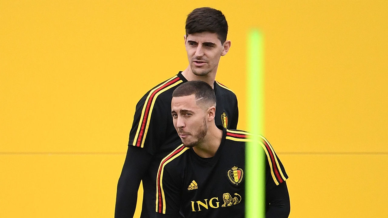 Belgium's goalkeeper Thibaut Courtois (back) and Belgium's forward Eden Hazard attend a training session at the Guchkovo Stadium in Dedovsk, outside Moscow, on July 9, 2018, on the eve of their Russia 2018 World Cup semi-final football match against France.