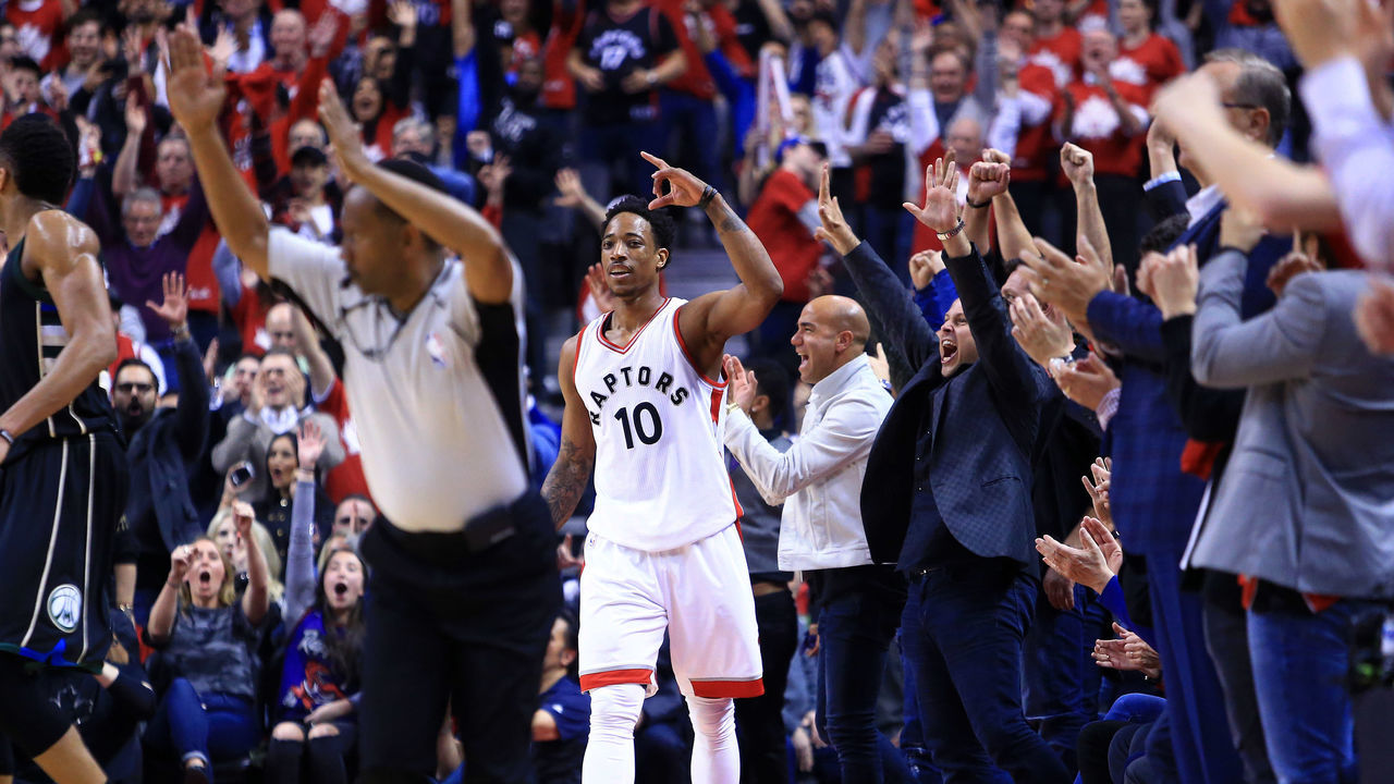 TORONTO, ON - APRIL 24: DeMar DeRozan #10 of the Toronto Raptors celebrates a basket in the second half of Game Five of the Eastern Conference Quarterfinals against the Milwaukee Bucks during the 2017 NBA Playoffs at Air Canada Centre on April 24, 2017 in Toronto, Canada.