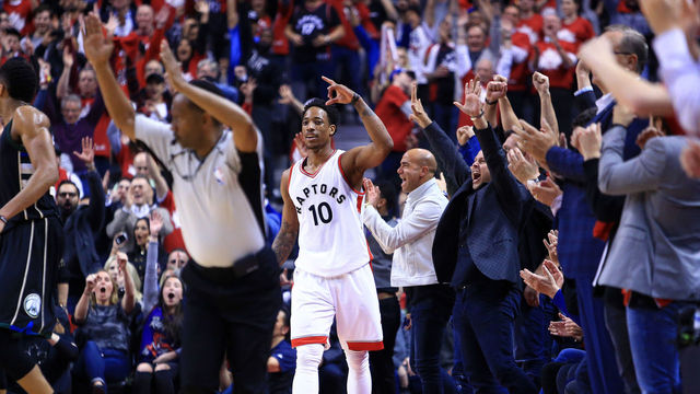TORONTO, ON - APRIL 24: DeMar DeRozan #10 of the Toronto Raptors celebrates a basket in the second half of Game Five of the Eastern Conference Quarterfinals against the Milwaukee Bucks during the 2017 NBA Playoffs at Air Canada Centre on April 24, 2017 in Toronto, Canada.