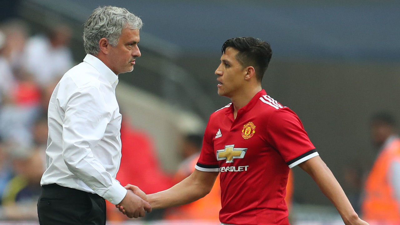 LONDON, ENGLAND - APRIL 21: Jose Mourinho the head coach / manager of Manchester United shakes hands with Alexis Sanchez of Manchester United during The Emirates FA Cup Semi Final between Manchester United and Tottenham Hotspur at Wembley Stadium on April 21, 2018 in London, England.
