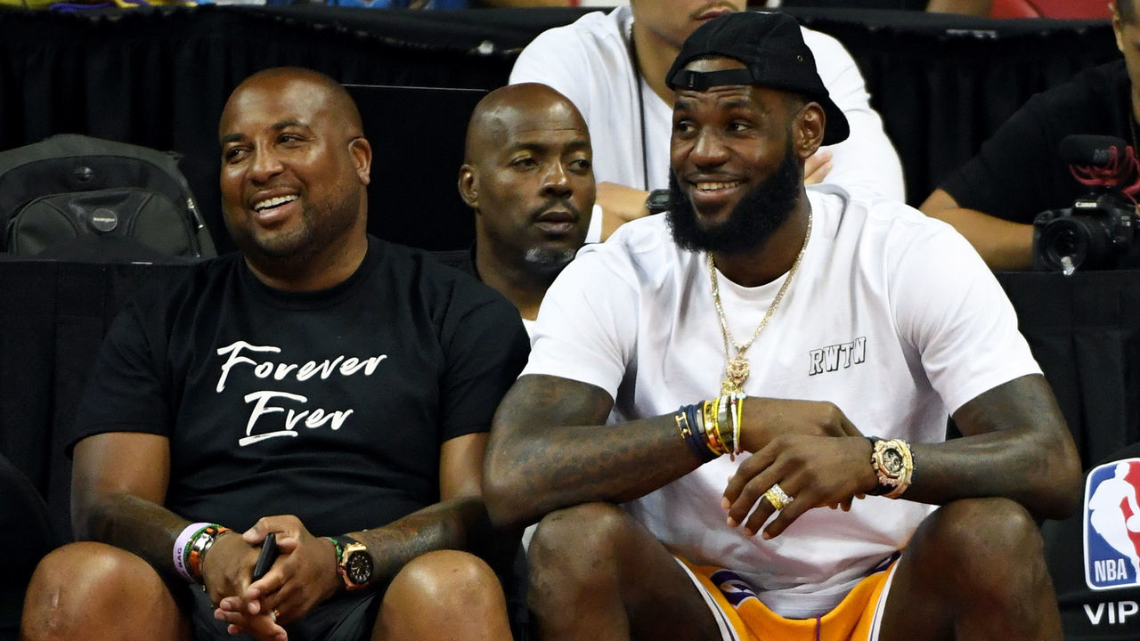 LAS VEGAS, NV - JULY 15: Randy Mims (L) and LeBron James of the Los Angeles Lakers attend a quarterfinal game of the 2018 NBA Summer League between the Lakers and the Detroit Pistons at the Thomas & Mack Center on July 15, 2018 in Las Vegas, Nevada.
