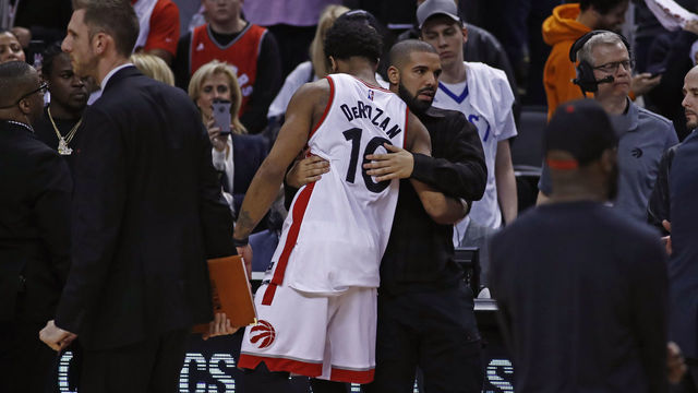 TORONTO, CANADA - MAY 7: Rapper, Drake greets DeMar DeRozan #10 of the Toronto Raptors after Game Four of the Eastern Conference Semifinals against the Cleveland Cavaliers during the 2017 NBA Playoffs on May 7, 2017 at the Air Canada Centre in Toronto, Ontario, Canada. Mandatory Copyright Notice: Copyright 2017 NBAE