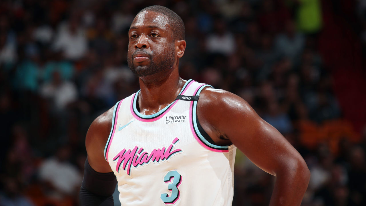 MIAMI, FL - APRIL 9: Dwyane Wade #3 of the Miami Heat reacts to a play against the Oklahoma City Thunder on April 9, 2018 at American Airlines Arena in Miami, Florida. Mandatory Copyright Notice: Copyright 2018 NBAE