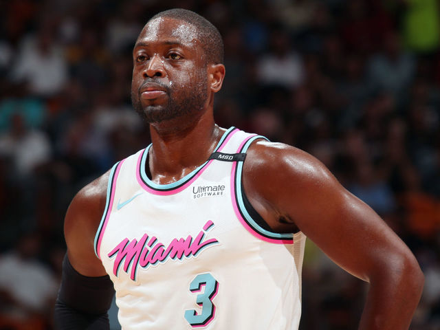 MIAMI, FL - APRIL 9: Dwyane Wade #3 of the Miami Heat reacts to a play against the Oklahoma City Thunder on April 9, 2018 at American Airlines Arena in Miami, Florida. Mandatory Copyright Notice: Copyright 2018 NBAE