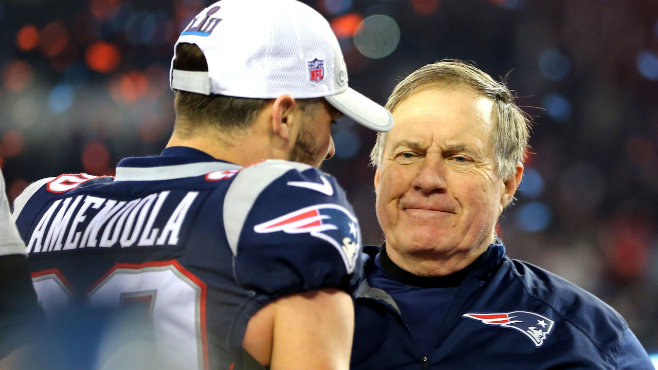 FOXBOROUGH, MA - JANUARY 21: Danny Amendola #80 of the New England Patriots celebrates with head coach Bill Belichick after winning the AFC Championship Game against the Jacksonville Jaguars at Gillette Stadium on January 21, 2018 in Foxborough, Massachusetts.