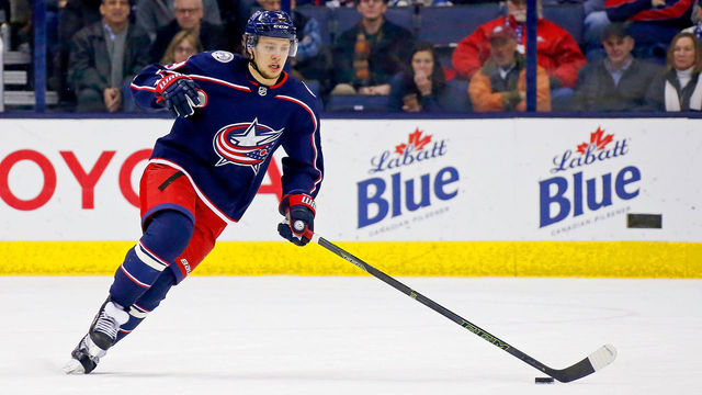 COLUMBUS, OH - JANUARY 30: Artemi Panarin #9 of the Columbus Blue Jackets controls the puck during the game against the Minnesota Wild on January 30, 2018 at Nationwide Arena in Columbus, Ohio. Minnesota defeated Columbus 3-2 in a shootout.